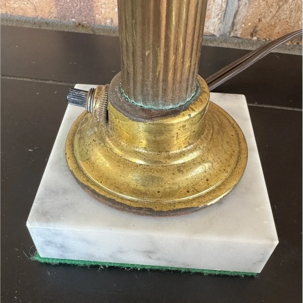 Vintage Brass Column w/ Marble Block Base Lamp Art Deco 1930s